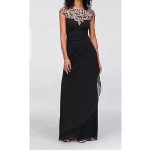 NEW Xscape Floral Appliqué Crystal Beaded Black Maxi Dress Formal Gown Size 12